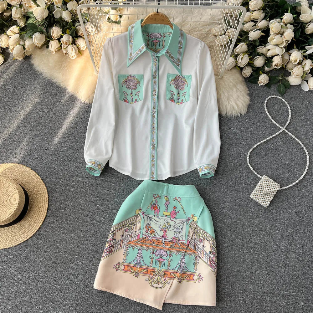 Summer Sweet Two Piece Set Women Turn Down Neck Long Sleeve Floral Print Chiffon Shirt Top+Irregular Vintage Mini Skirt Suit