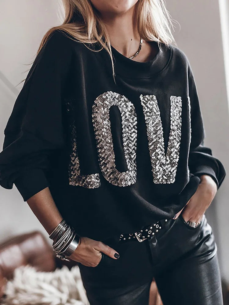 O-Neck Fashion Sequins Patchwork Shirts, Women Autumn Winter Loungewear Loose Top, Long Batwing Sleeve Ladies Blouses Streetwear