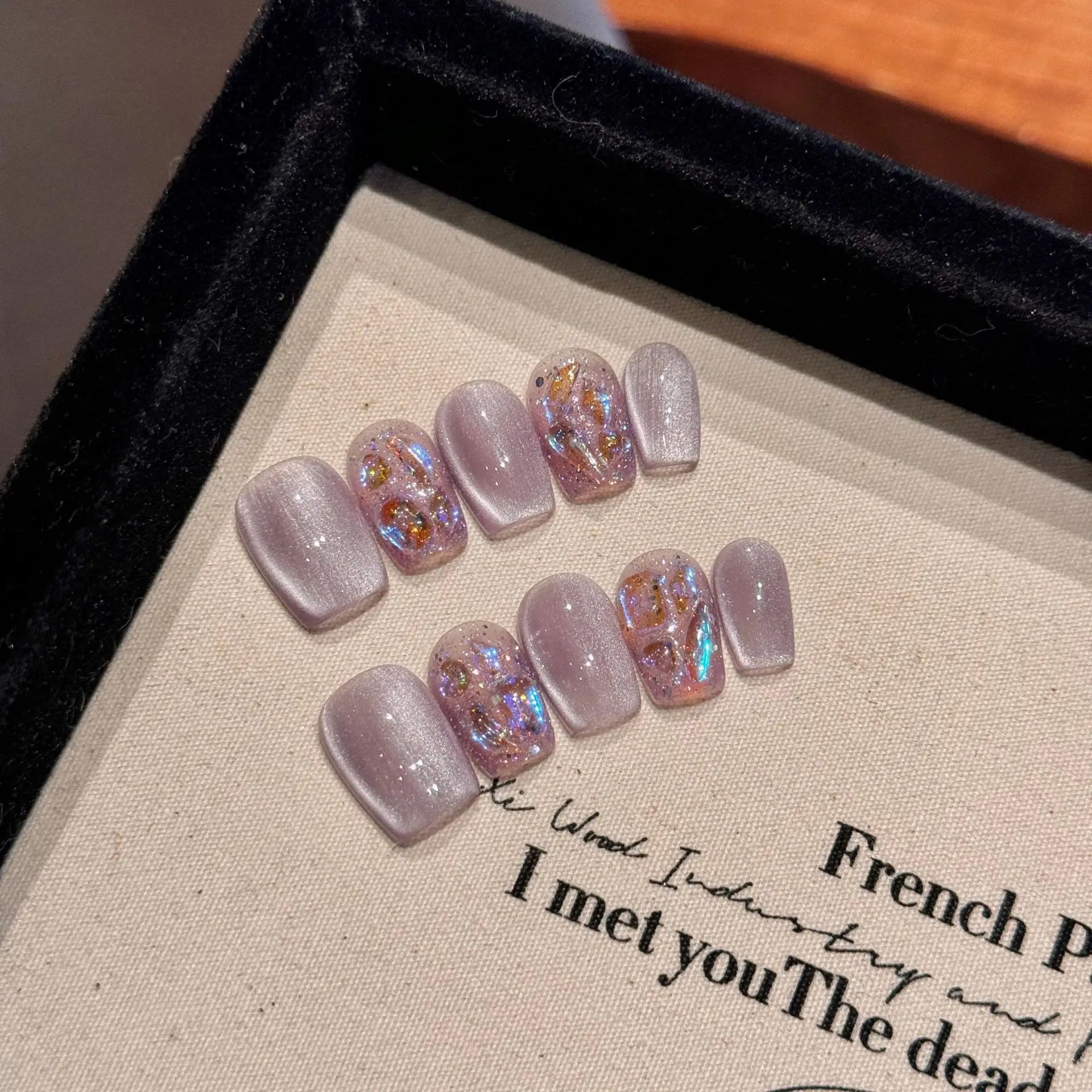 10Pcs Short Sweet Cute Girl Handmade Press on Nails Set Shimmery Cat Eye Gel Nail with Glue Cherry Cake French Acrylic Nail Tips
