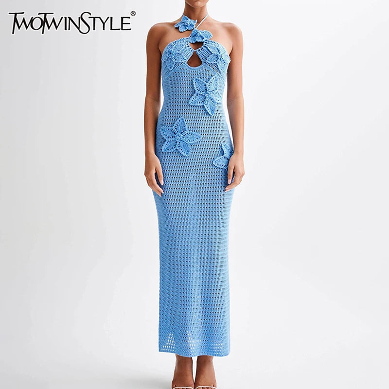 TWOTWINSTYLE Patchwork Appliques Knitted Dress For Women Halter Sleeveless High Waist Slimming Dresses Female Fashion Clothes