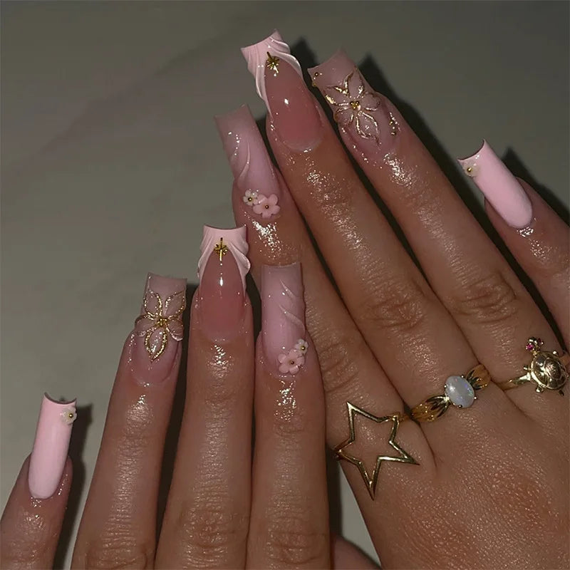 24pcs Leopard Print French False Nail Long Square Nails Sets Press on Cherry Red Design Fake Nails Tips Rhinestone Manicure Art