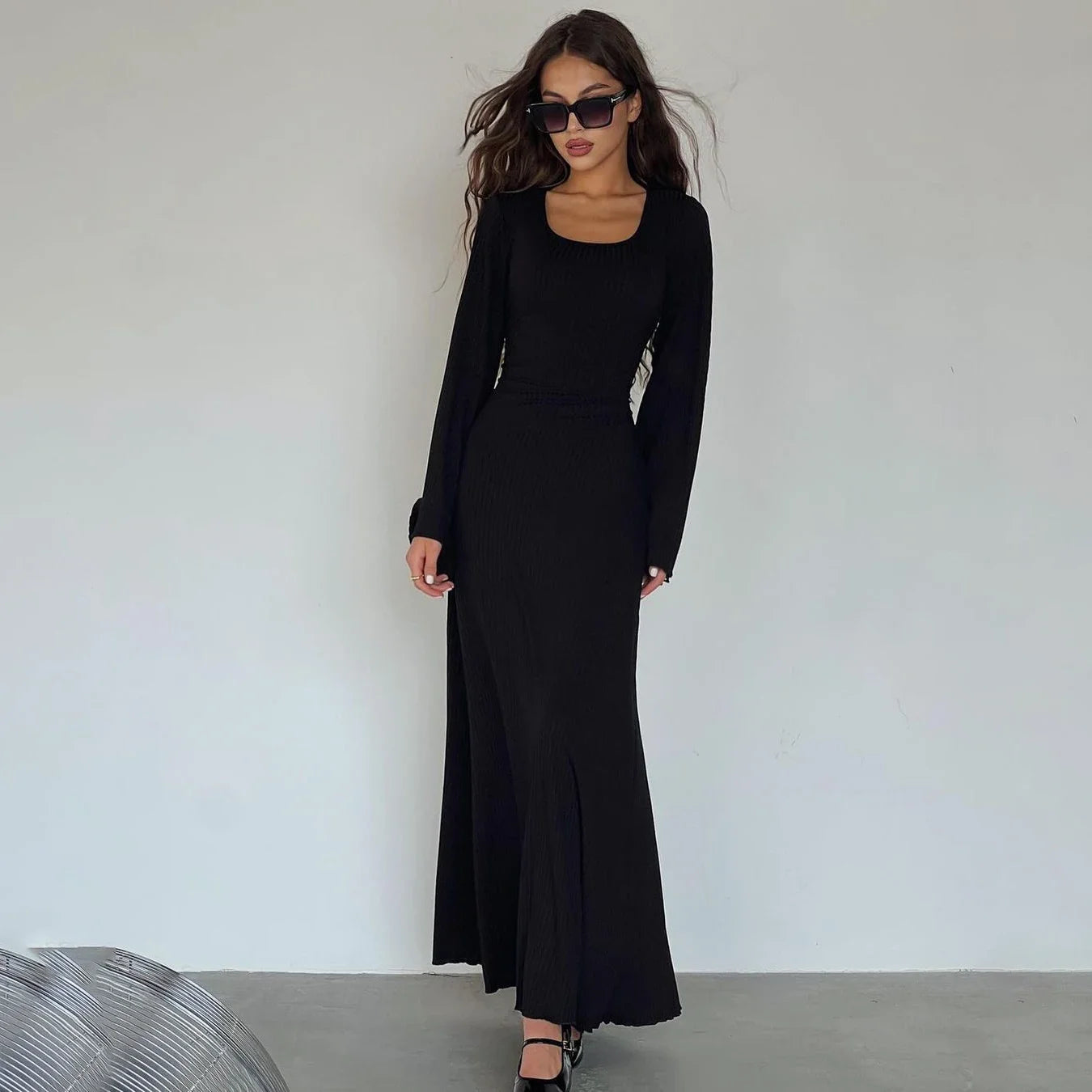 Tossy Scoop Neck Lace-Up Ribbed Maxi Dress Female Long Sleeve Fashion Slim Loose Bandage Dress Autumn 2024 Solid Women Dress New black