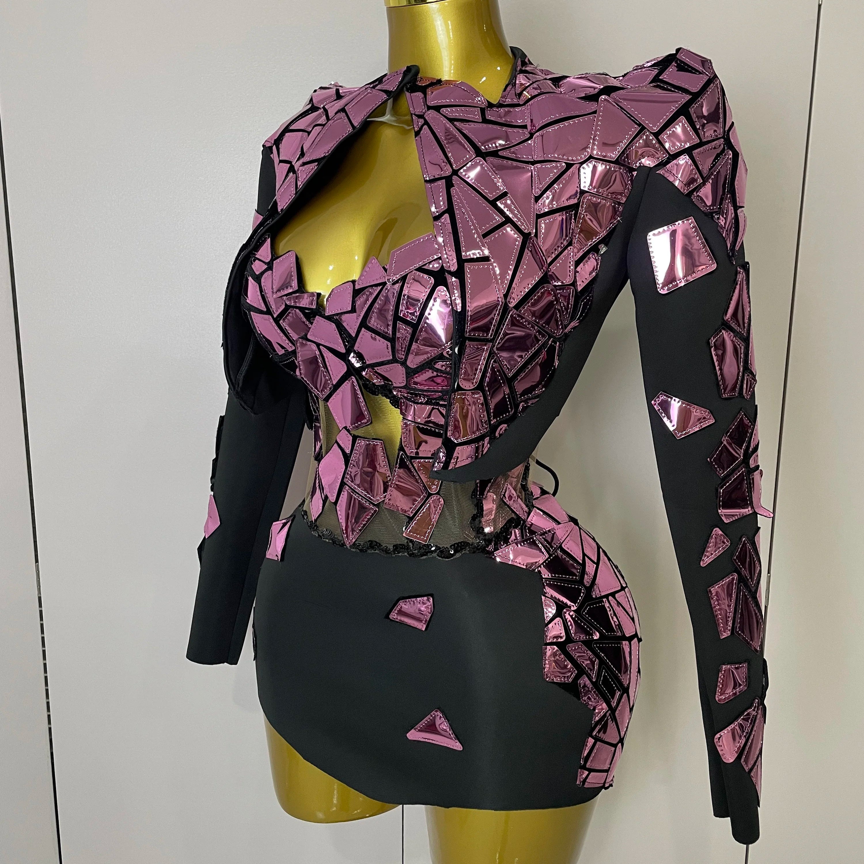 STOCK 2025 Women Sexy Pink Glitter Sequin Mirrors Short Skirt 3pcs Set Birthday Party Nightclub Queen Drag Stage Costume