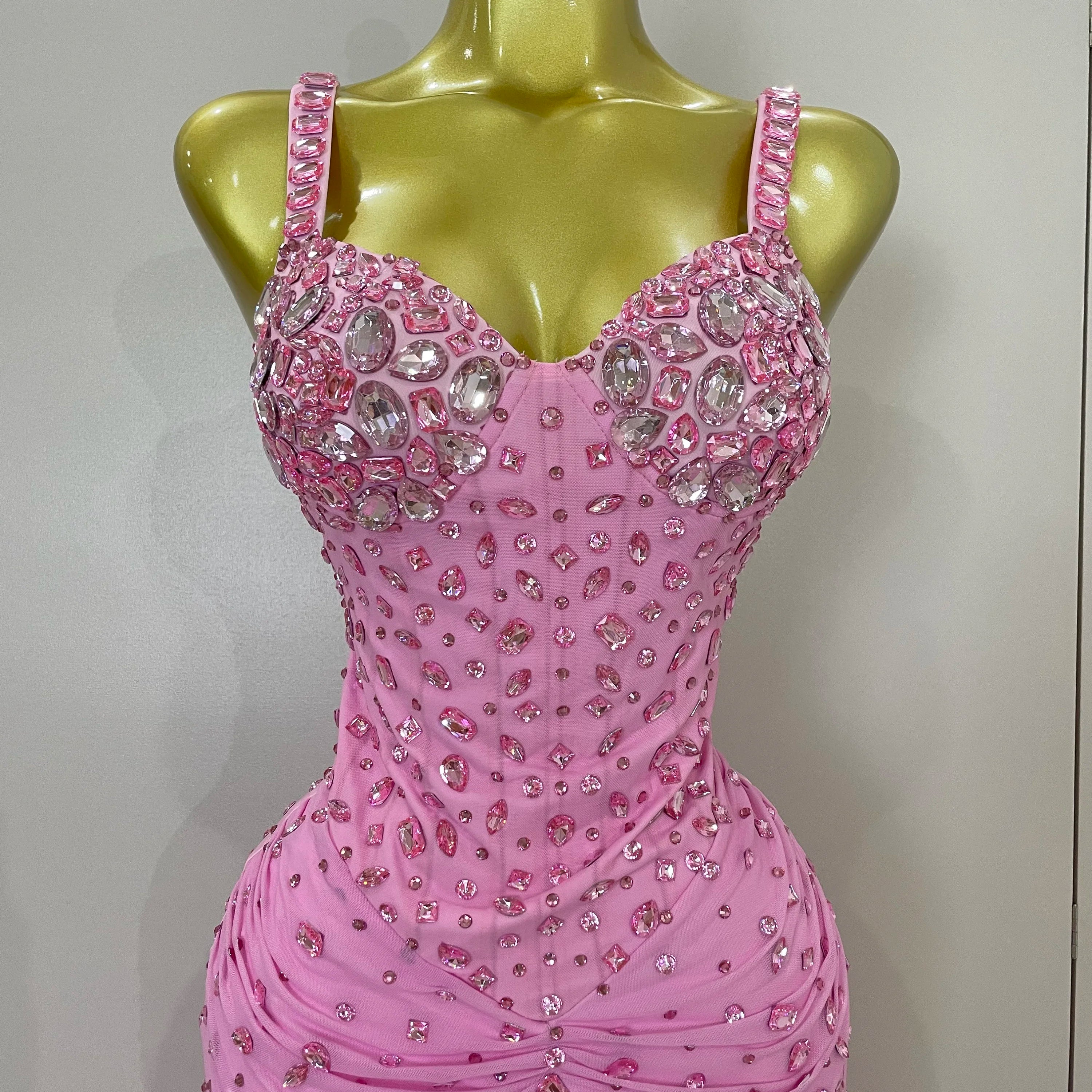 Luxury Pink Rhinestones Split Floor Length Dress 2025 Women Sexy Evening Celebrate Birthday Party Dress Photoshoot Stage Wear