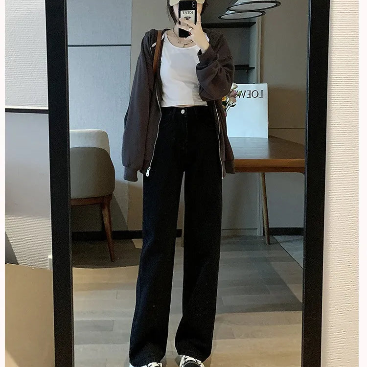 Women's High Waist Wide Leg Jeans Summer Thin Vintage Straight Leg Pants Fashionable Floor Mopping Jeans black