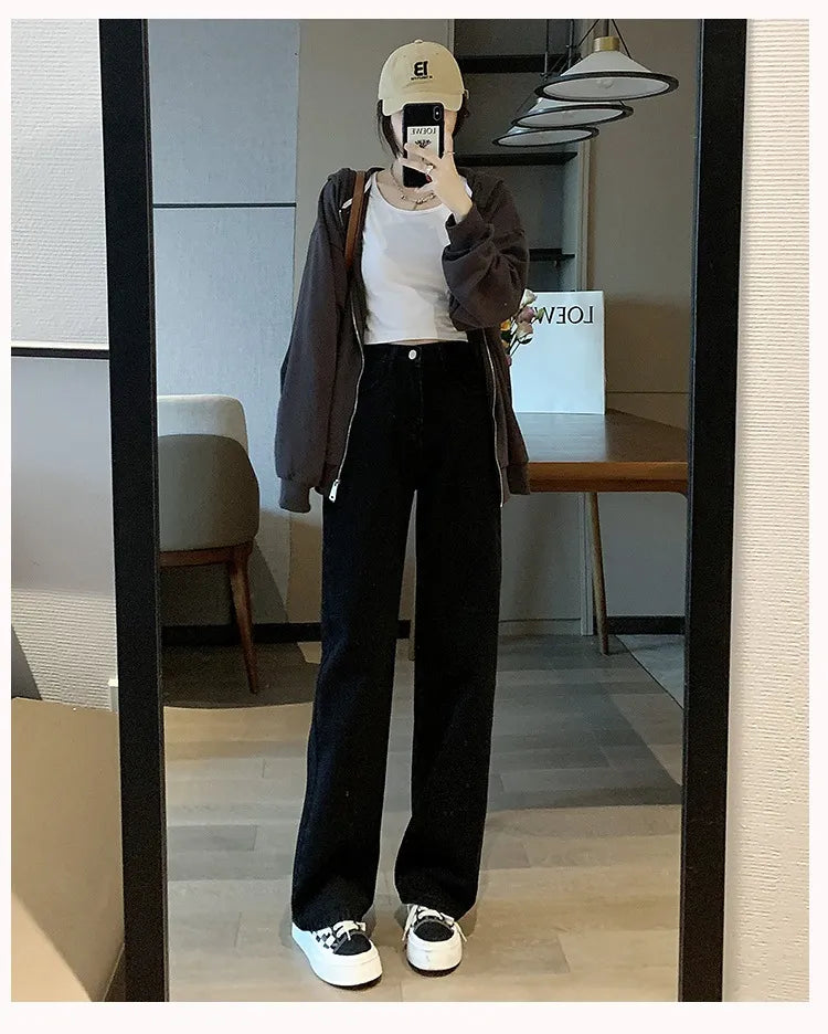 Women's High Waist Wide Leg Jeans Summer Thin Vintage Straight Leg Pants Fashionable Floor Mopping Jeans black
