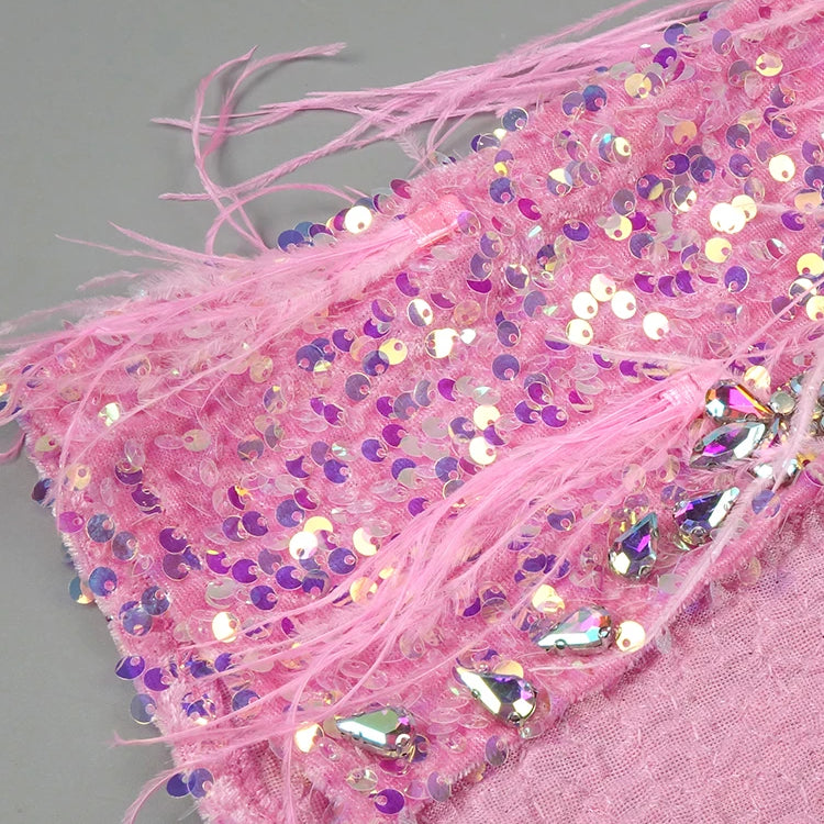 VC Pink Sparkly Sequins Long Dress Beaded Crystal Feather Embellished High Slit Straight Floor-length Prom Evening Gown Vestidos