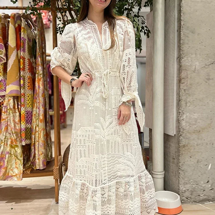 Casual Knit Hollow Out Patchwork Maxi Dress For Women O-neck High Waist Drawstring Lantern Sleeve Dresses Summer Beach Lady Robe