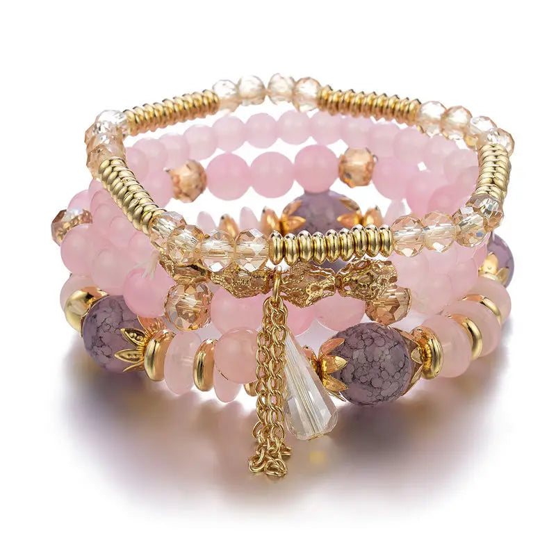 4Pcs Bohemian Women Pink Tassel Bracelet Set For Female I Love You Feather Round Charm Beads Chain Bangle Fashion Party Jewelry BR133-2