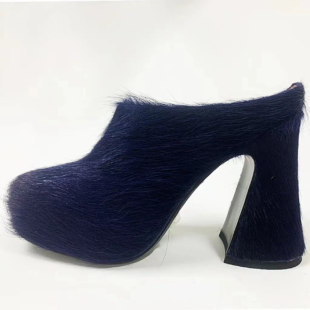 Fur Leather High Heels Women 2024 Designer Elegant Platform Women Mules Slipper Shoes For Wedding Party Dress Shoes royal blue