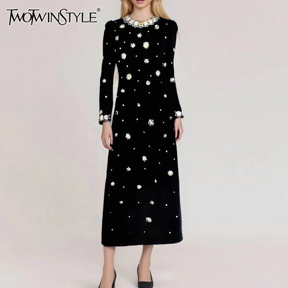 TWOTWINSTYLE Hit Color Spliced Bead Luxurious Dresses for Women Round Neck Long Sleeve Patchwork Wave Point Elegant Dress Female