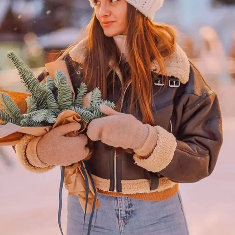 TRAFZA 2023 Women Fashion Thick Warm Lambs Wool Jacket Coat Vintage Long Sleeve Zipper Jackets Female Outerwear Chic Tops