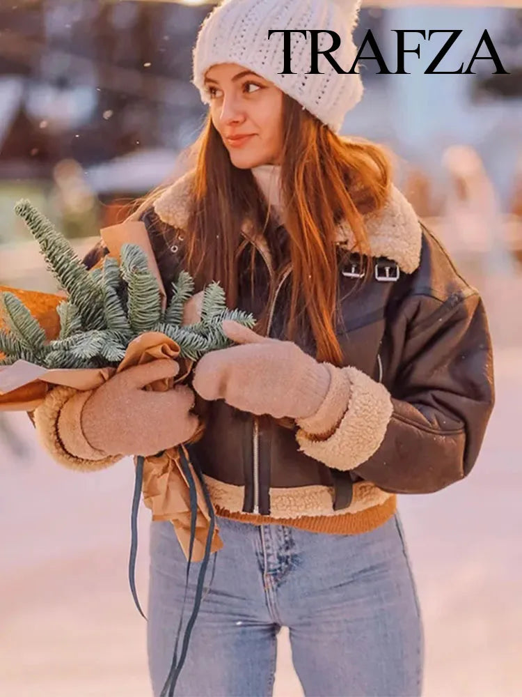 TRAFZA 2023 Women Fashion Thick Warm Lambs Wool Jacket Coat Vintage Long Sleeve Zipper Jackets Female Outerwear Chic Tops