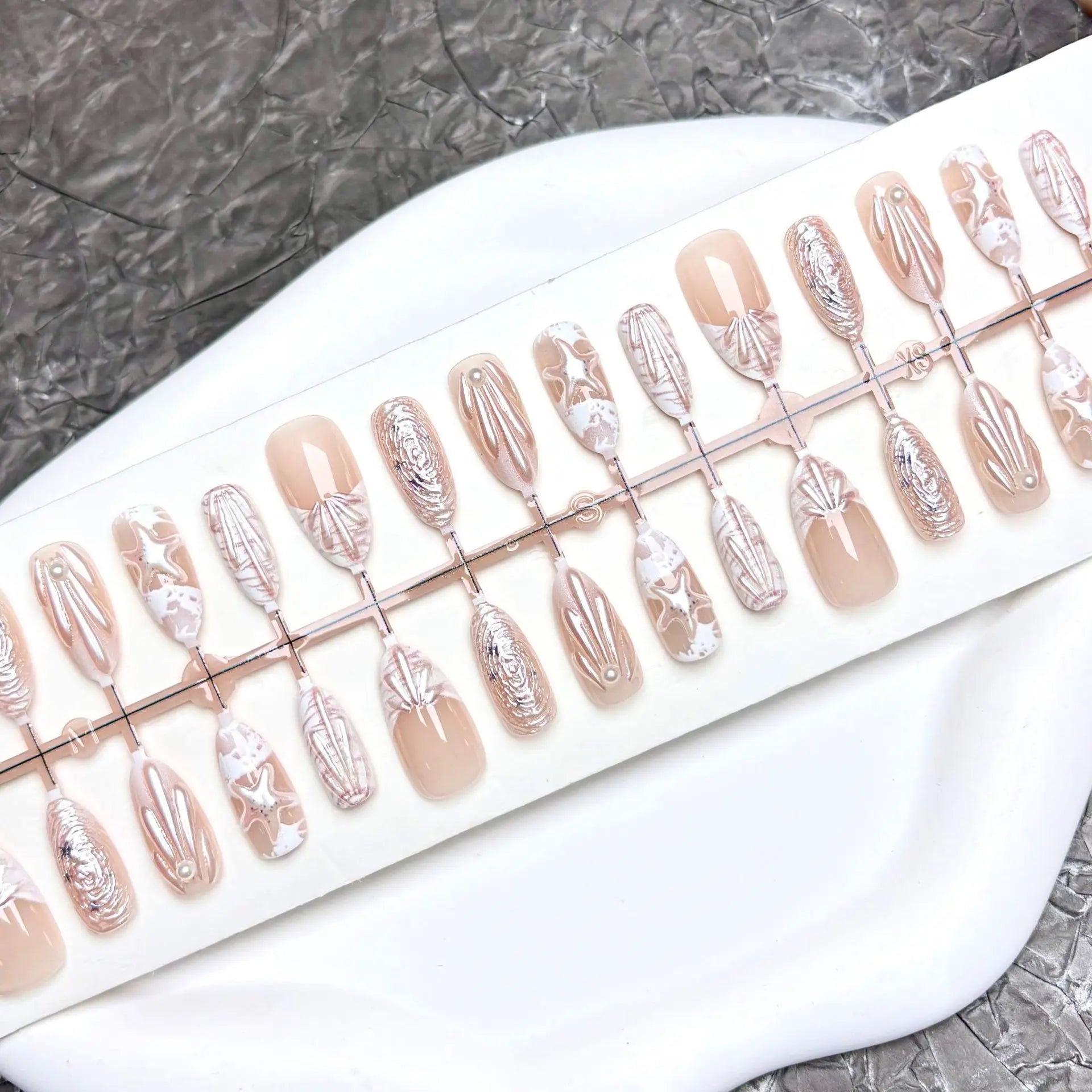 24pcs White Ocean Shell 3D Summer Press on Nails Starfish Fake Nails Full Cover Wearable False Nails