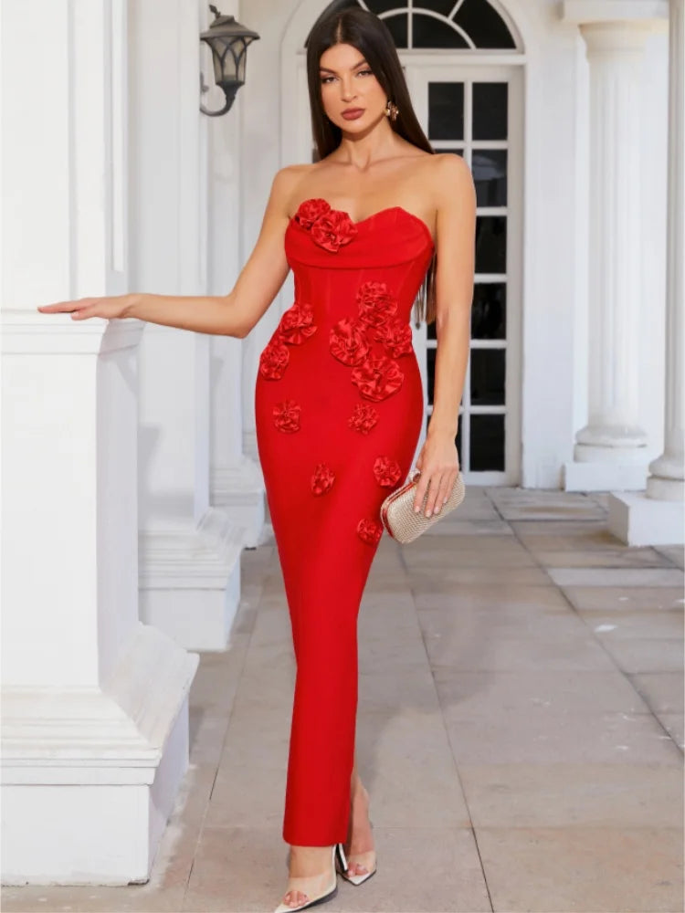 Robe longue moulante à imprimé floral, sans bretelles, épaules dénudées, couleur rose et rouge, idéale pour une soirée ou une soirée
