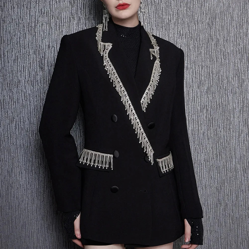 TWOTWINSTYLE Solid Spliced Tassels Elegant Jackets for Women Lapel Long Sleeve Patchwork Double Breasted Blazer Demale Clothing