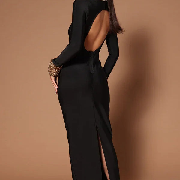 Winter Black Women Long Sleeve Sexy Golden Beading Bodycon Bandage Long Dress Backless Celebrate Evening Party Outfit