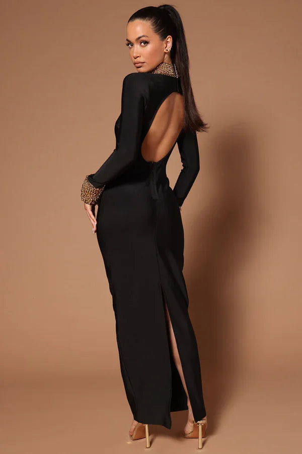 Winter Black Women Long Sleeve Sexy Golden Beading Bodycon Bandage Long Dress Backless Celebrate Evening Party Outfit