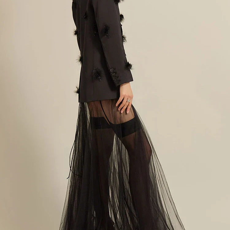 DEAT Fashion Women Blazer Notched Collar Single Button Mesh Patchwork Diagonal Collar Dresses Suit Jackets Spring CP1821