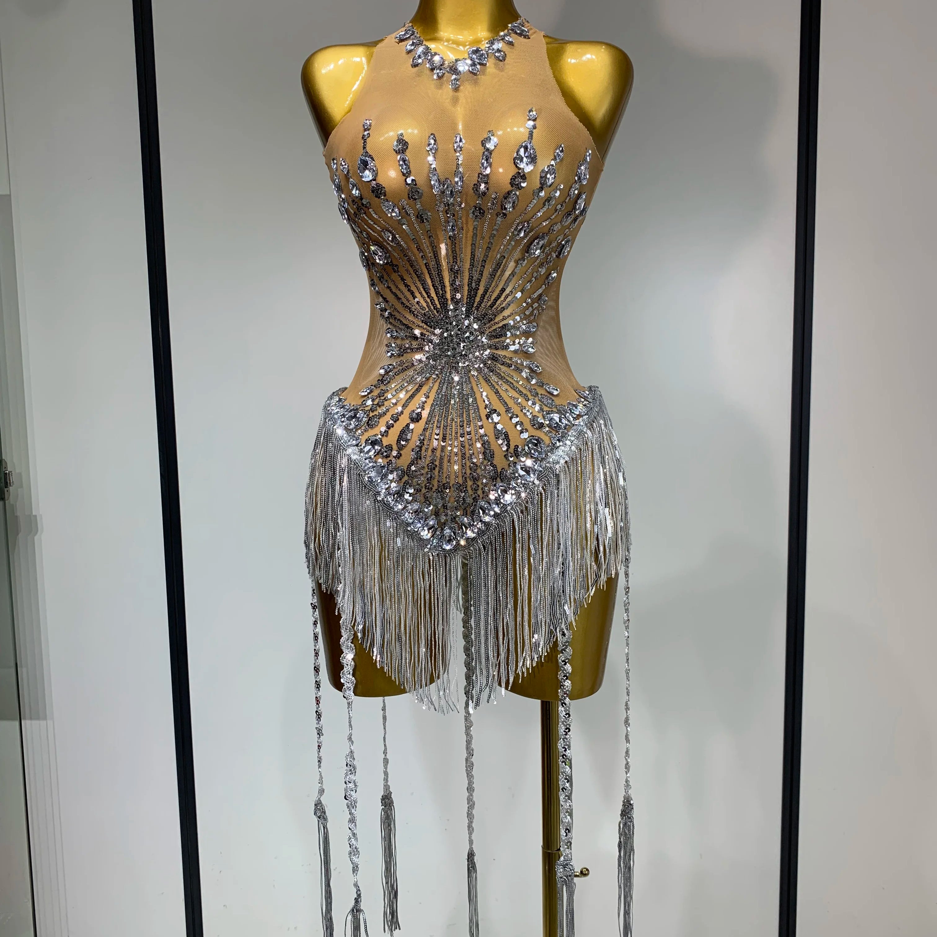 Women Sexy Mesh See Through Diamonds Long Tassels Bodysuit Luxury Evening Party Bar Nightclub Stage Performance Singer Outfit