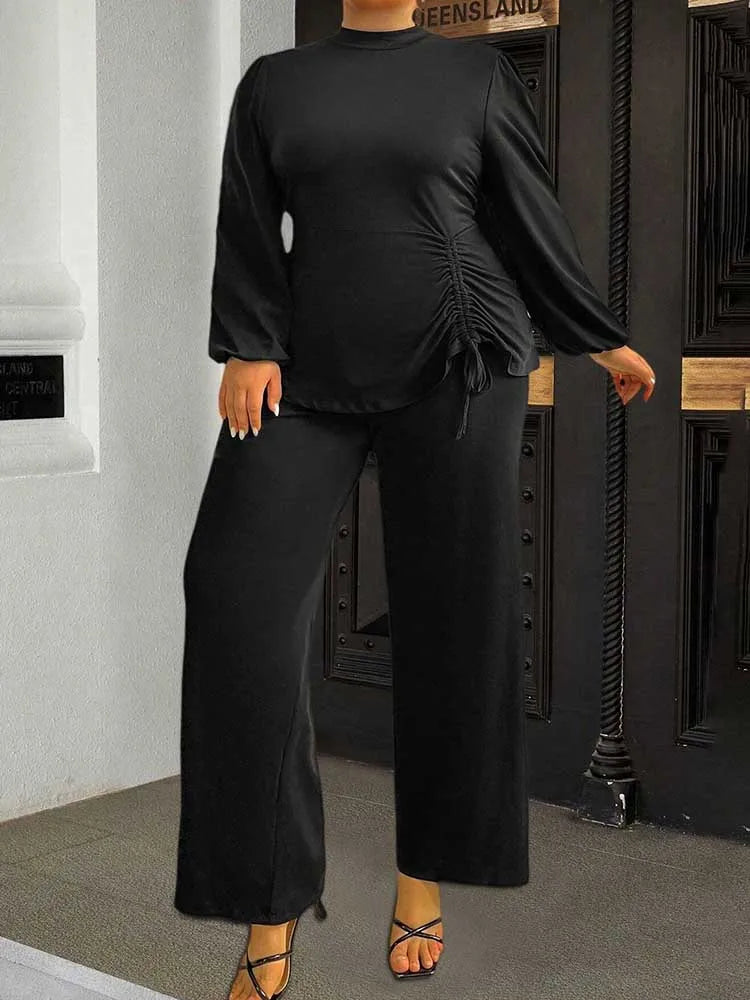 Autumn Plus Size Top and Pant Suit for Women 2 Pieces Pant Sleeve Ladies Pleated Elegant Casual Outfits Wholesale Dropshipping