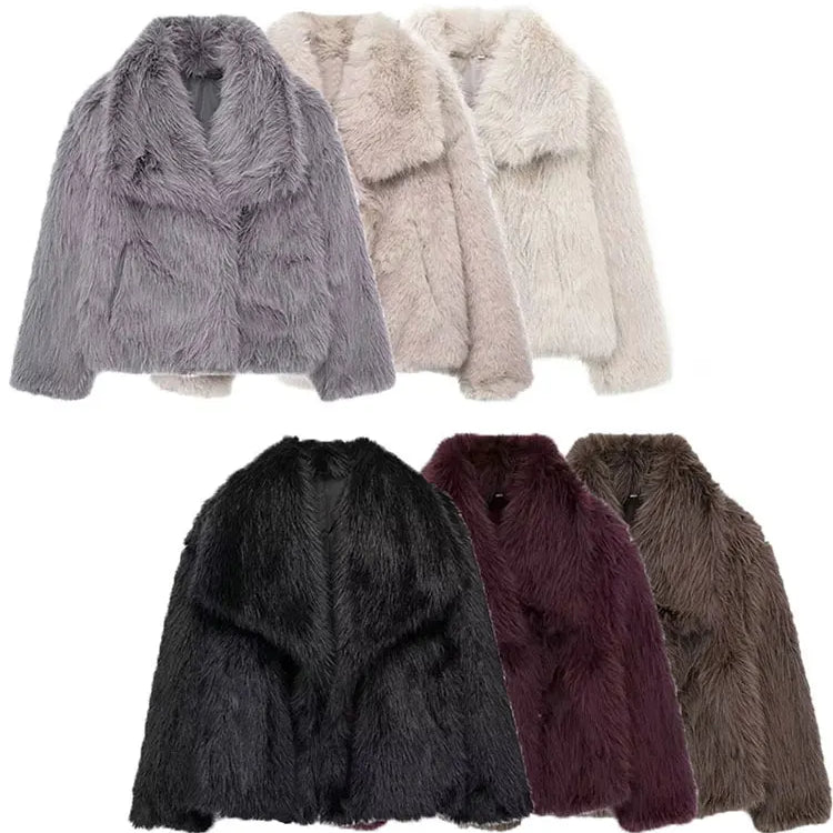 Woman Artificial Fur Effect Short Jacket Coats Fashion Vintage Long Sleeve Autumn Winter Causal Loose Warm Top