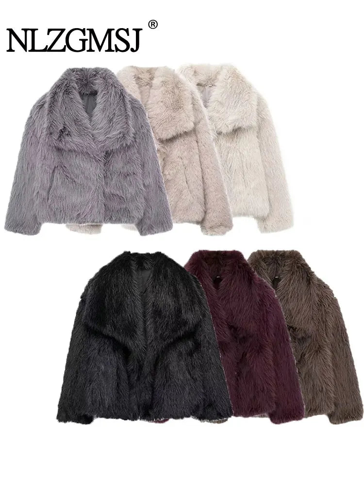 Woman Artificial Fur Effect Short Jacket Coats Fashion Vintage Long Sleeve Autumn Winter Causal Loose Warm Top