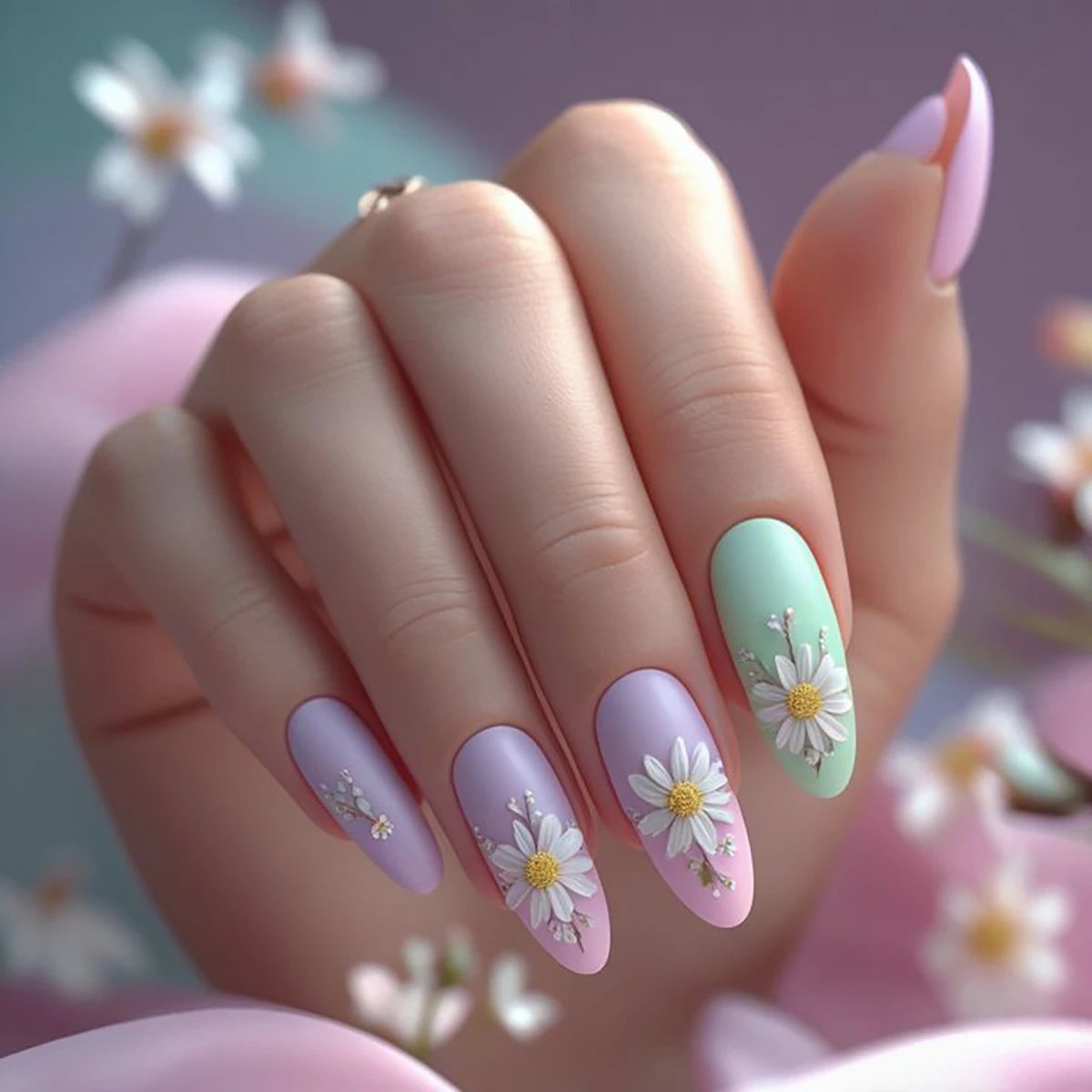 Upgrade your nail styling 24pcs medium length almond shape pink fresh floret wear nail manicure press nail piece & 1 rub strip &