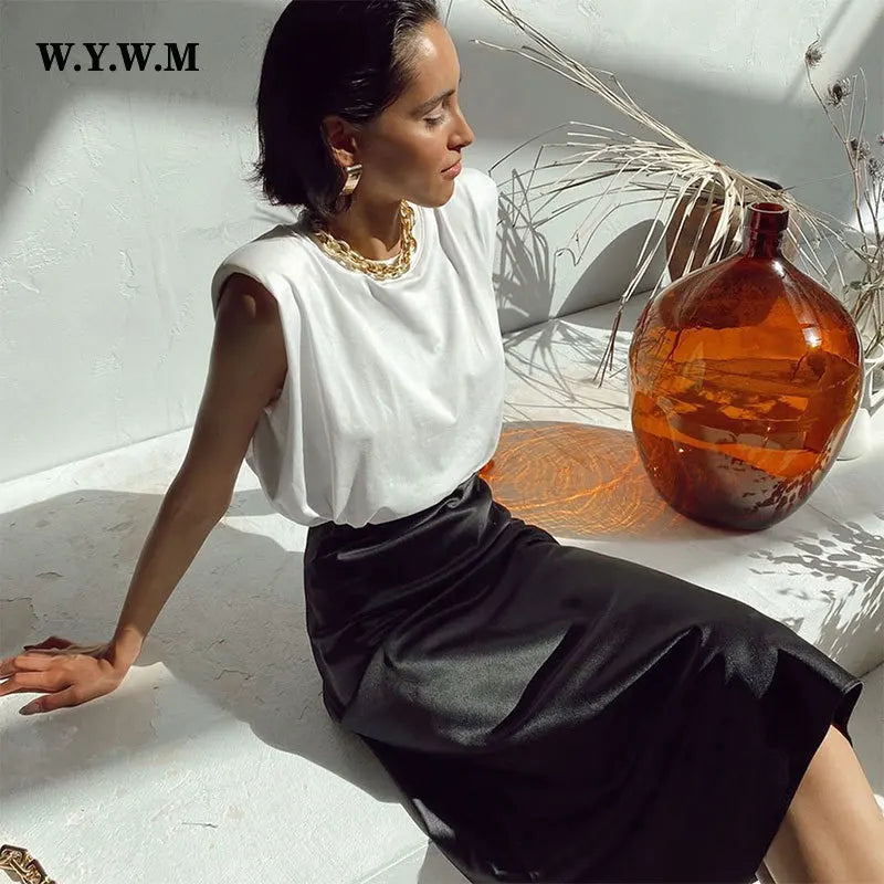 WYWM Summer High Waisted Satin Silk Skirt Women Solid 8 Color Fashion Elegant Ladies Streetwear Skirts Slim A-line Female Dress