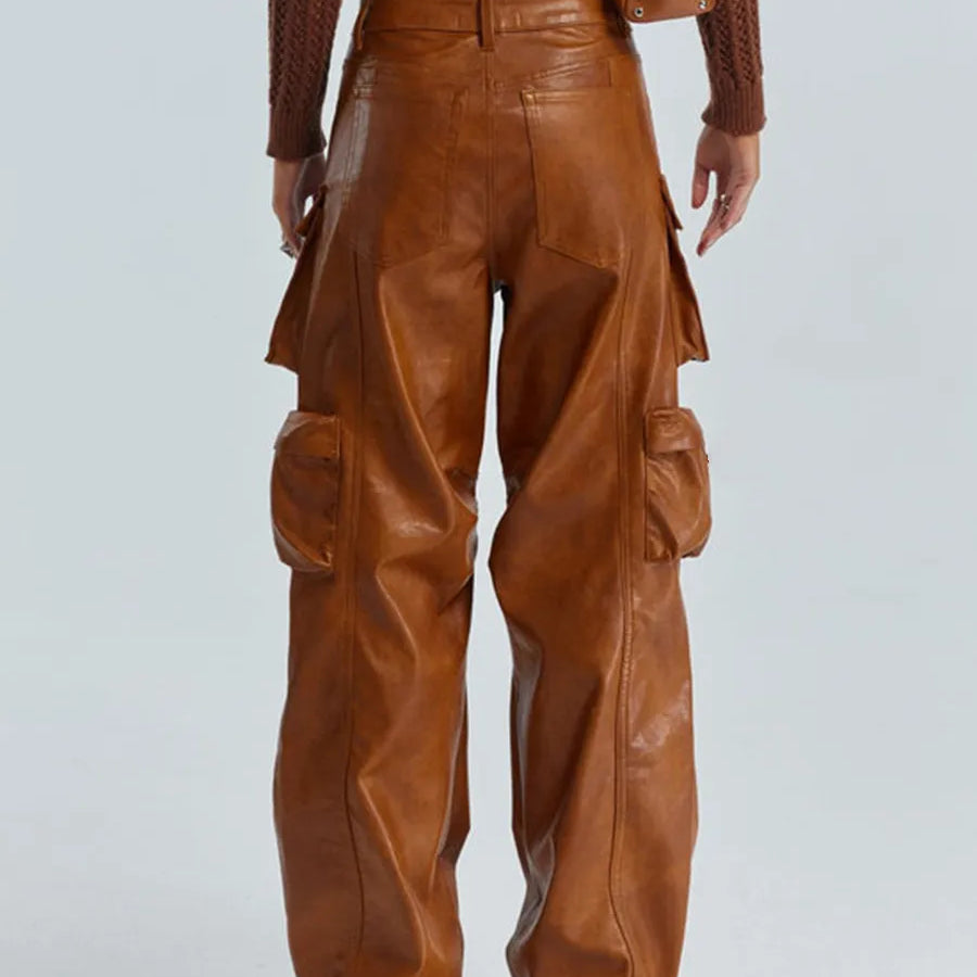 GetSpring Women Leather Pants Capris 2023 Autumn Multi Pockets High Waist Trousers Loose Casual All Match Long PU Cargo Pants