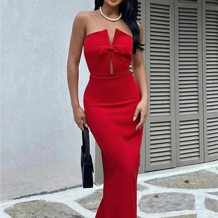 Tossy Tee Bow Off-Shoulder Slim Long Dress For Women Patchwork Fashion Elegant Hollow Out Backless Clothes Female Party Dress Red