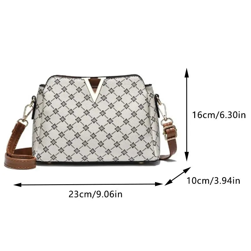 Women Vintage Print Crossbody Bag V Letter Classic Shoulder Bag Female Elegant Geometric Pattern Casual Bag Work Gift
