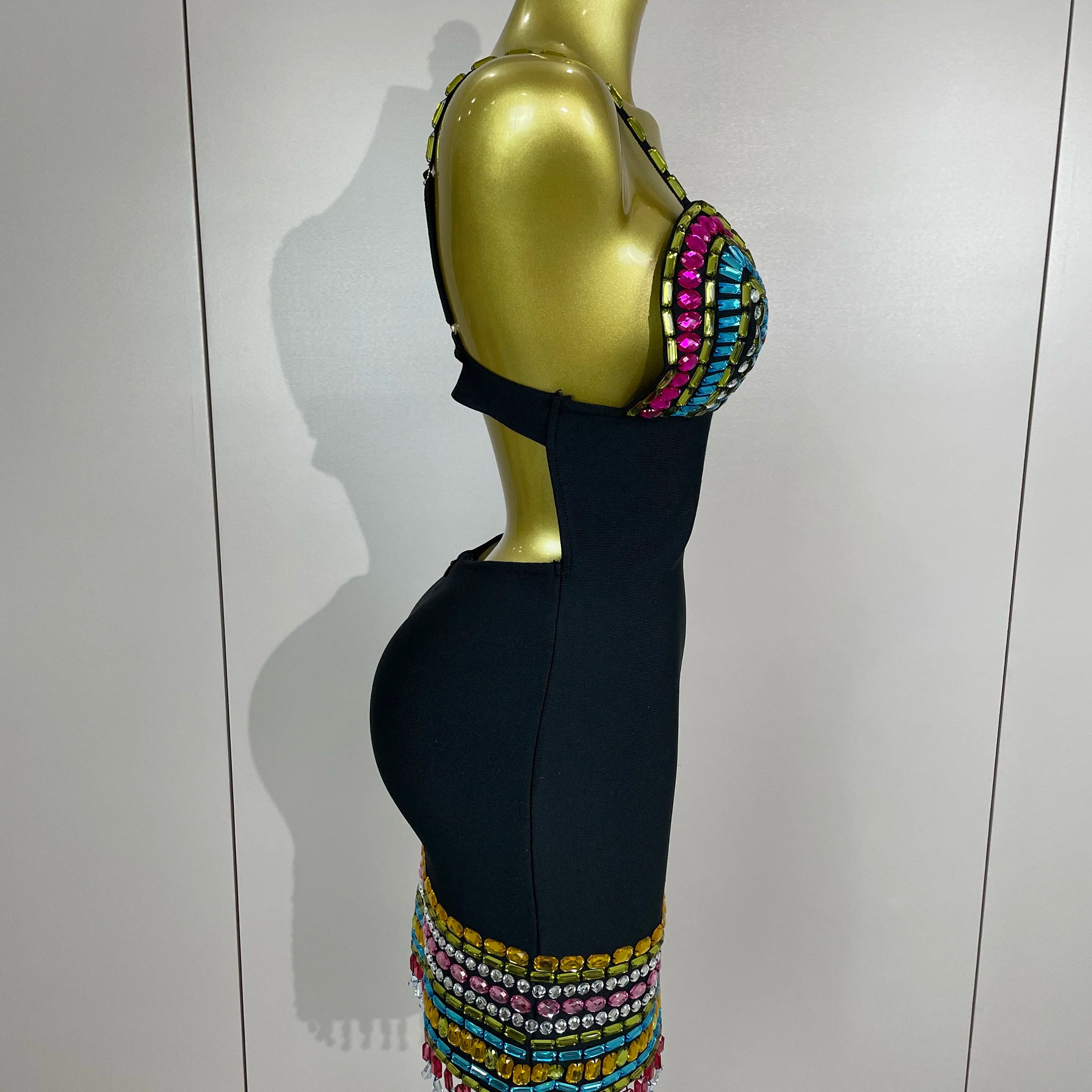 Vestido bandage preto colado ao corpo com diamantes brilhantes e coloridos 2025, elegante para festa noturna em boate, vestidos de aniversário luxuosos