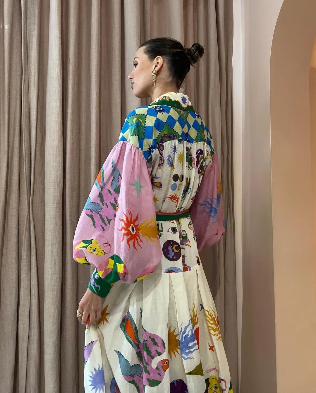 Polo Neck Printed Dress For Women Autumn New Retro French Palace Style Long Lantern Sleeve Loose Vintage Dresses Clothing