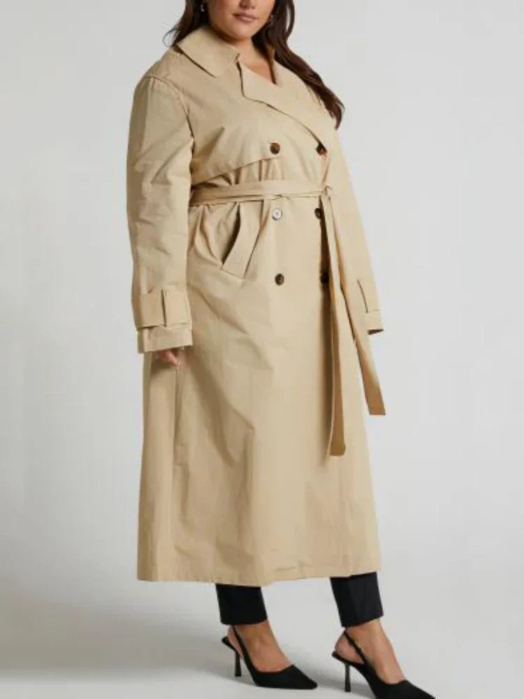 Women's Jackets Double Breasted Long Trench Classic Lapel Collar Long Sleeve Khaki Overcoat with Belt Female Autumn Outerwear