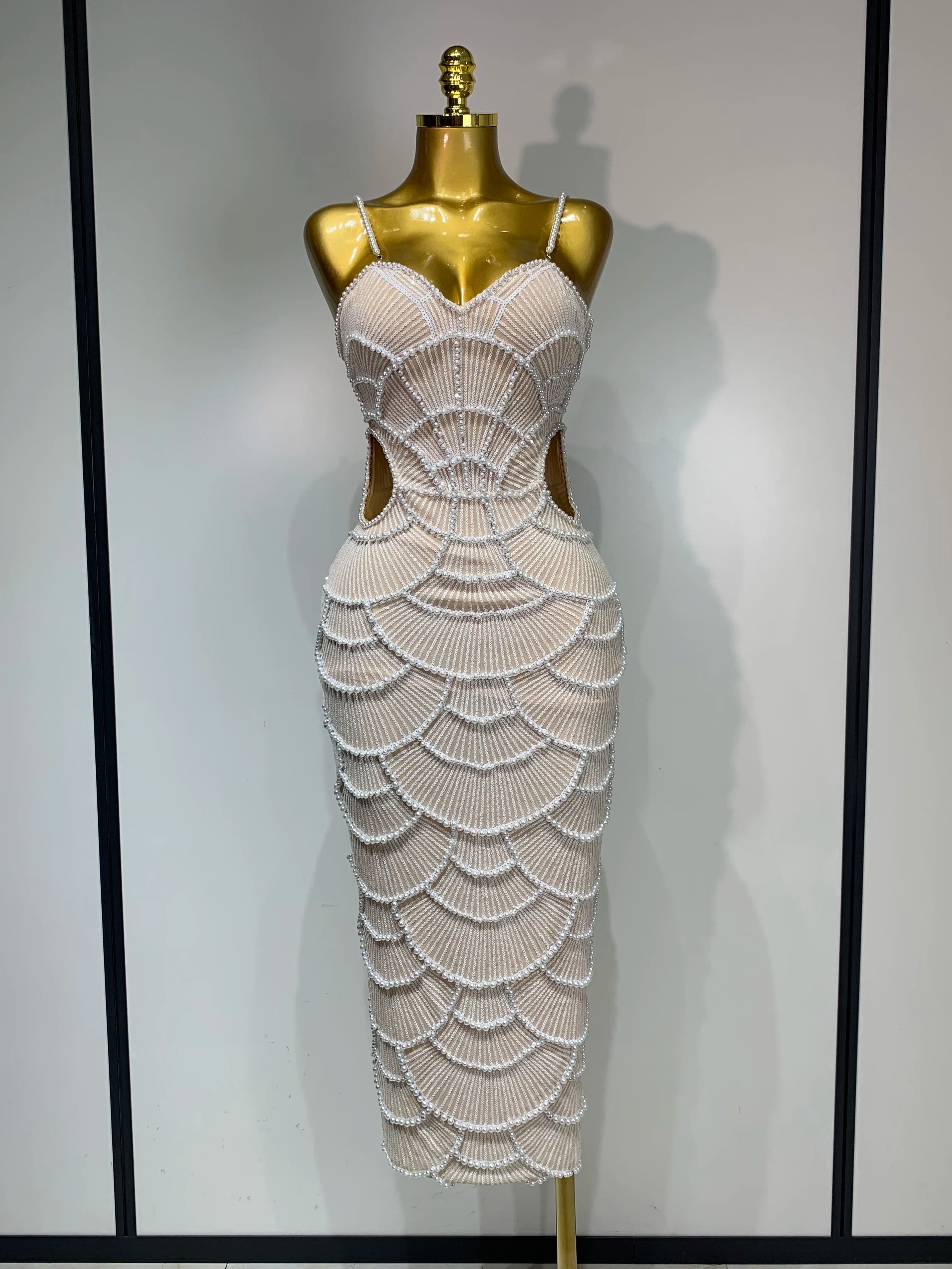 Women Sexy V Neck Pearl Beading Cut Out Maxi Long Bodycon Prom Gowns Dress Luxury Birthday Elegant Evening Party Club Dress