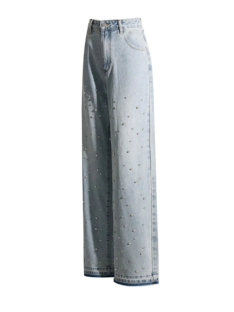 Patchwork Diamonds Casual Denim Trousers For Women High Waist Spliced Button Solid Loose Straight Jeans Female Fashion