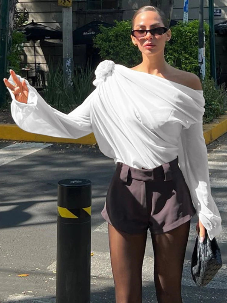 Women's Blouse Sexy Sker Collar Long Sleeve Ladies Office Blouse and Shirts Female Tops Elegant 3D Flower Shirts White