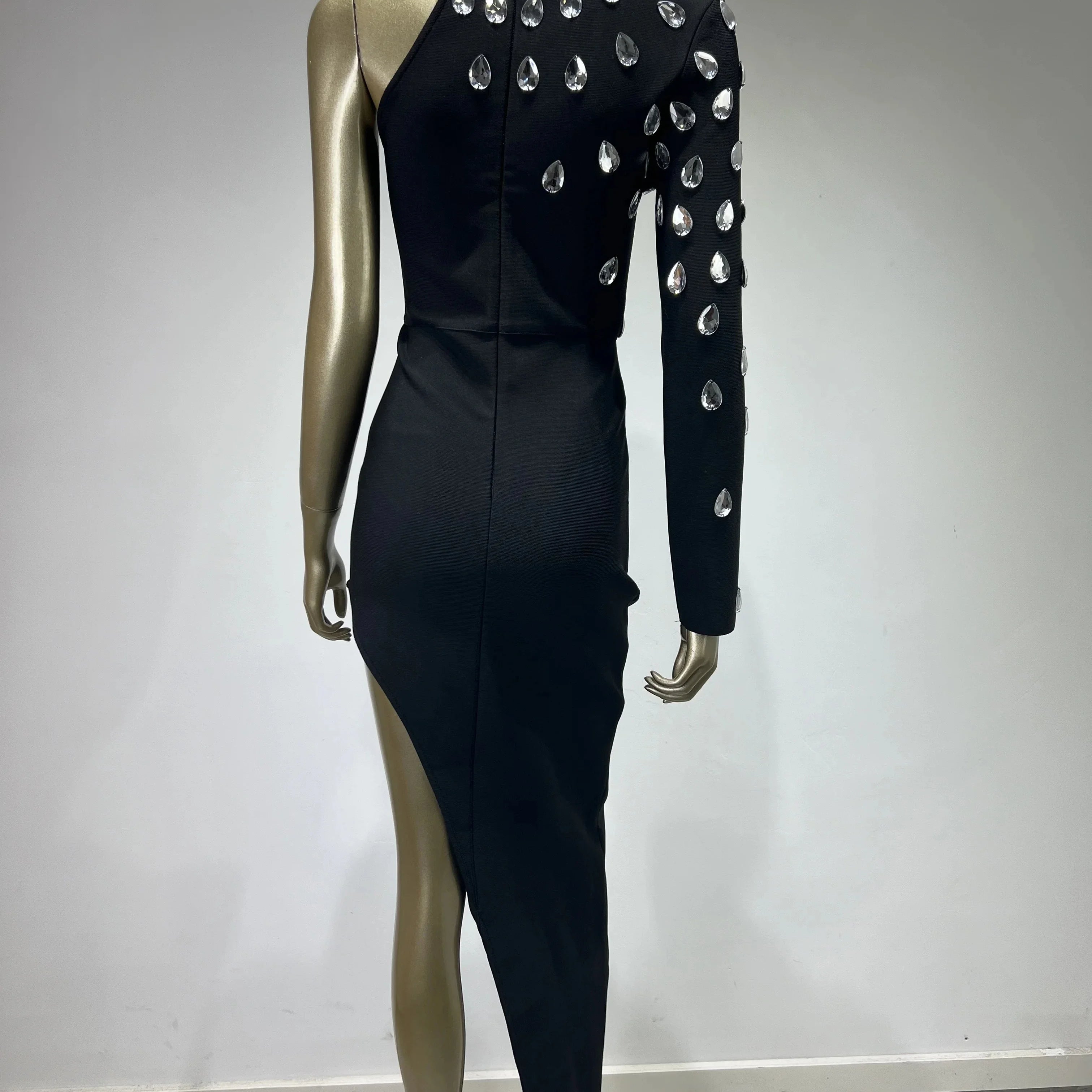 Vestido longo longo preto com strass e manga única, sexy, celebridade, bodycon, elegante, festa à noite, clube