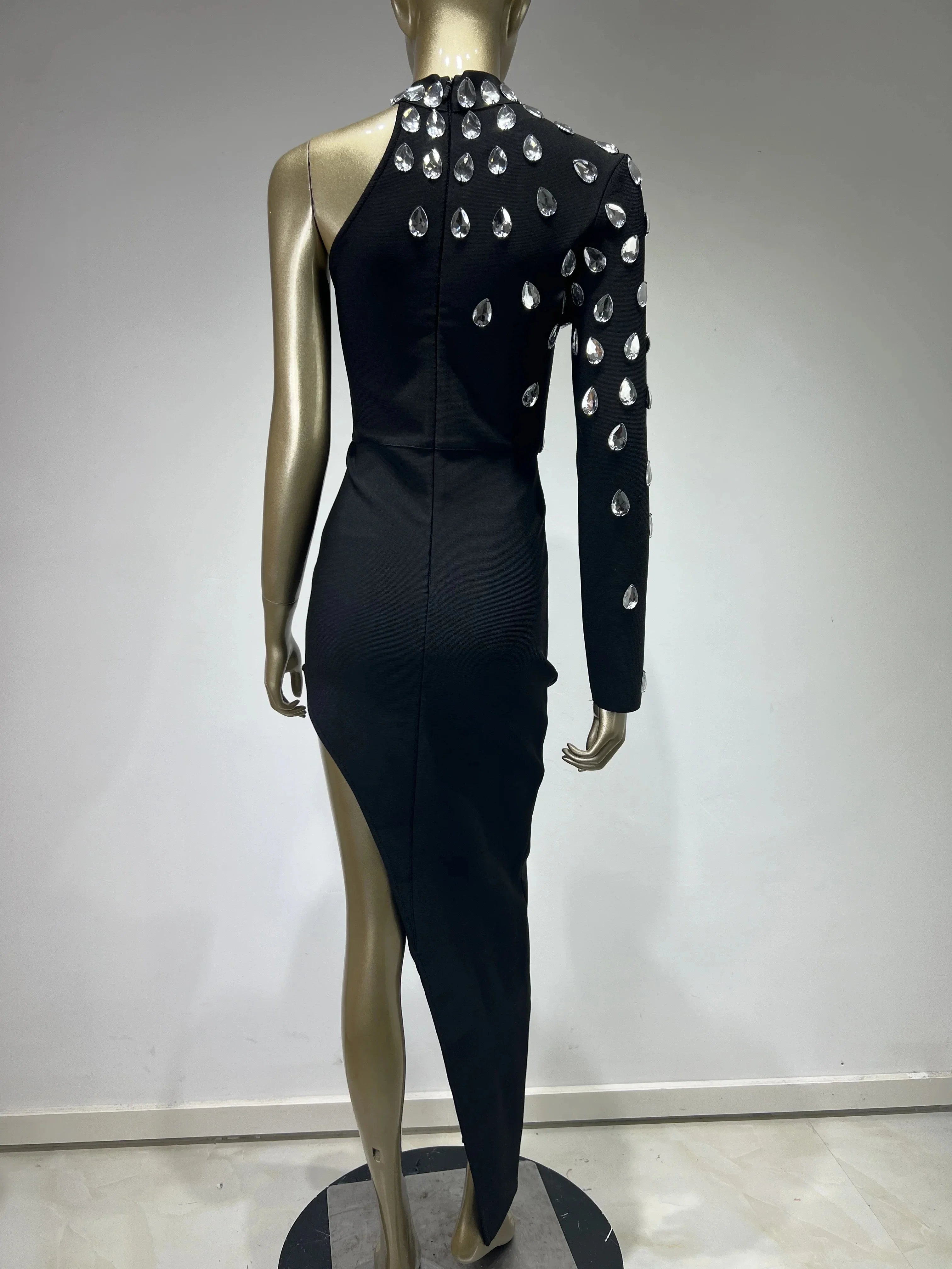 Vestido longo longo preto com strass e manga única, sexy, celebridade, bodycon, elegante, festa à noite, clube