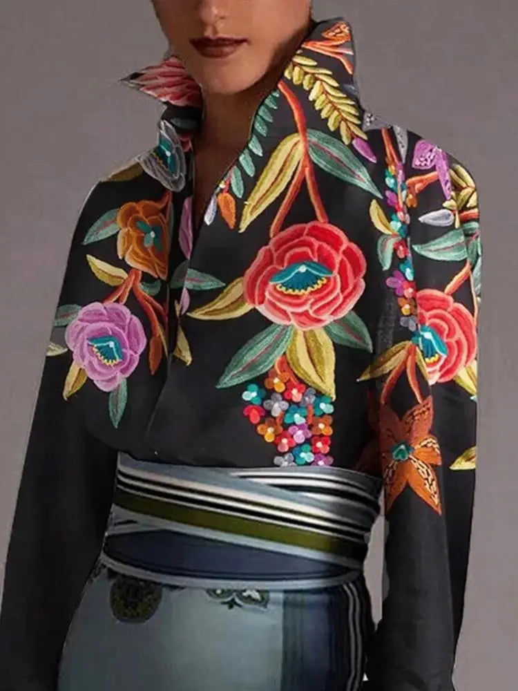 Modigirl New Autumn Vintage Blouses Women's Flared Sleeves Blouse Urban Flower Printed Elegant Shirts Tops for Woman