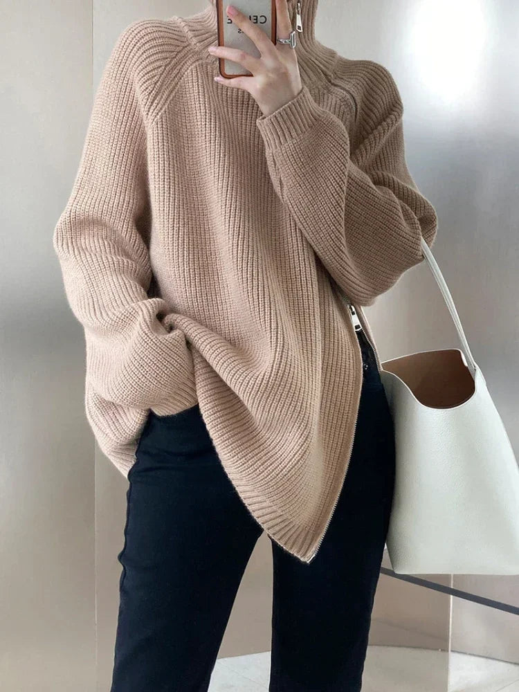Women's Turtleneck Zipper Oversize Fashion Women Sweaters Autumn Knitwears Loose Thick Warm High Neck Solid Pullovers Women