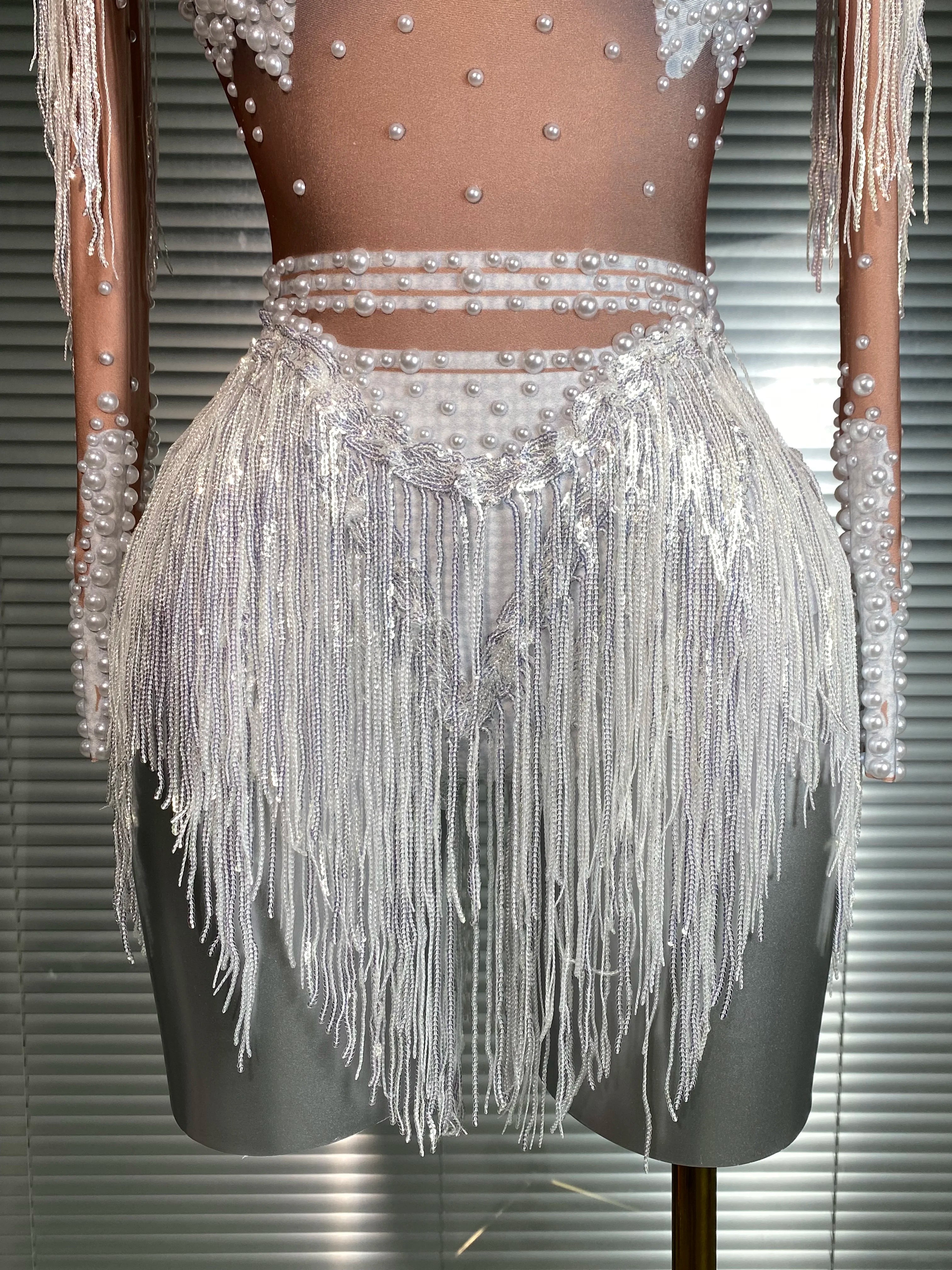 Women Sexy Skin Whtie Red Gold Crystal Stretchy Night Club Singer Dancer Tassel Dancer Red Stage Costume Party Bodysuit