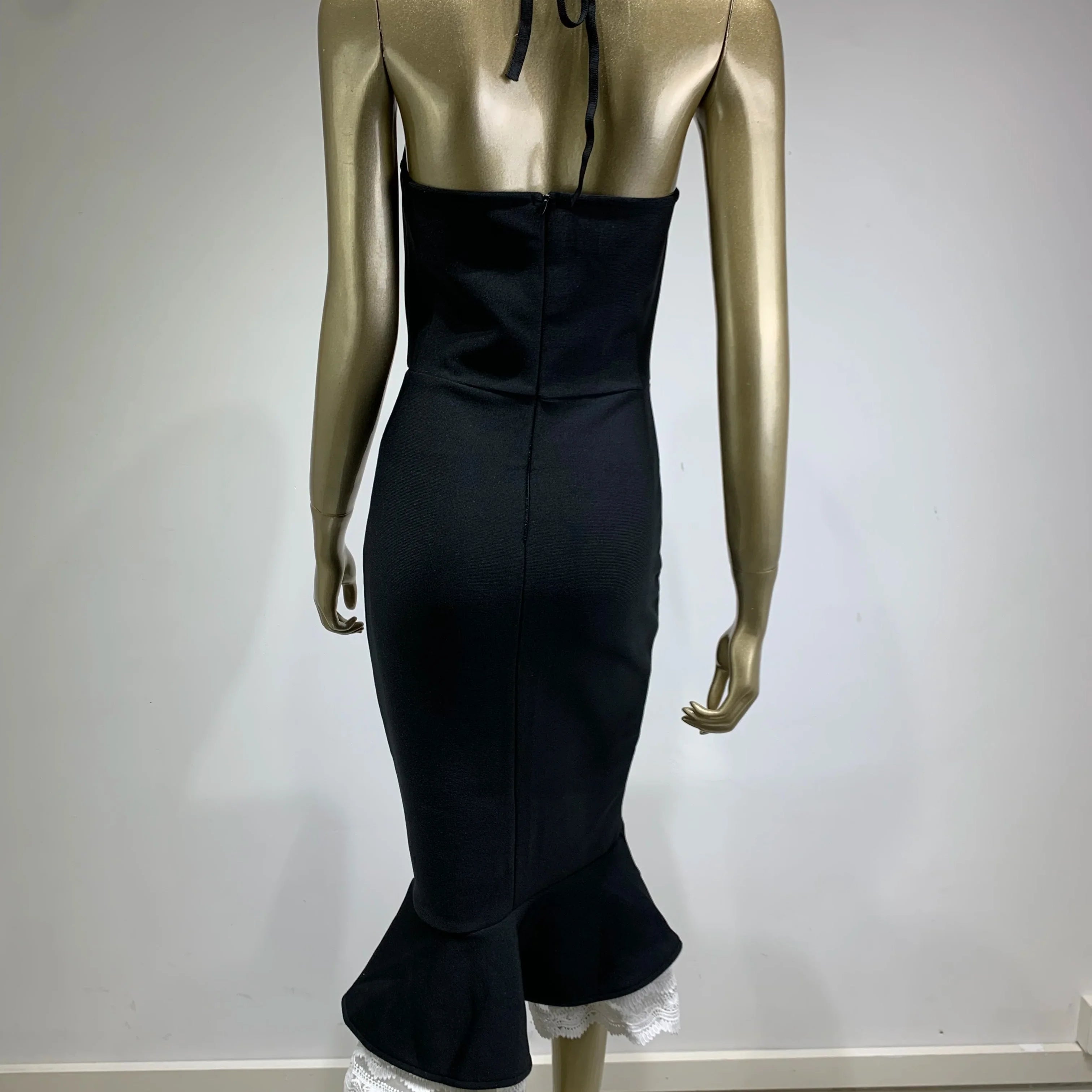 Vestido feminino sexy sem costas halter preto sereia midi bodycon bandage elegante vestido de festa para noite