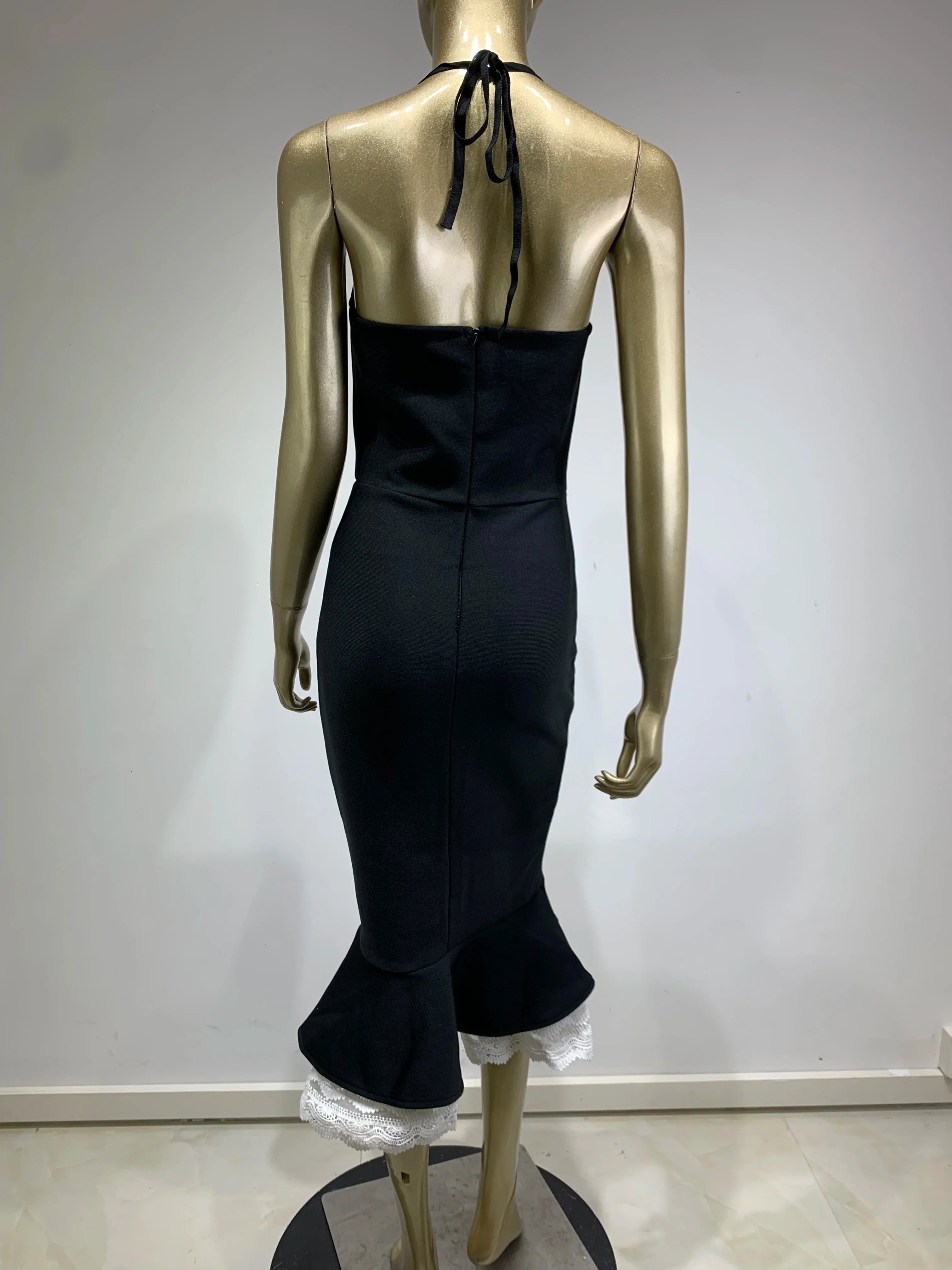 Vestido feminino sexy sem costas halter preto sereia midi bodycon bandage elegante vestido de festa para noite