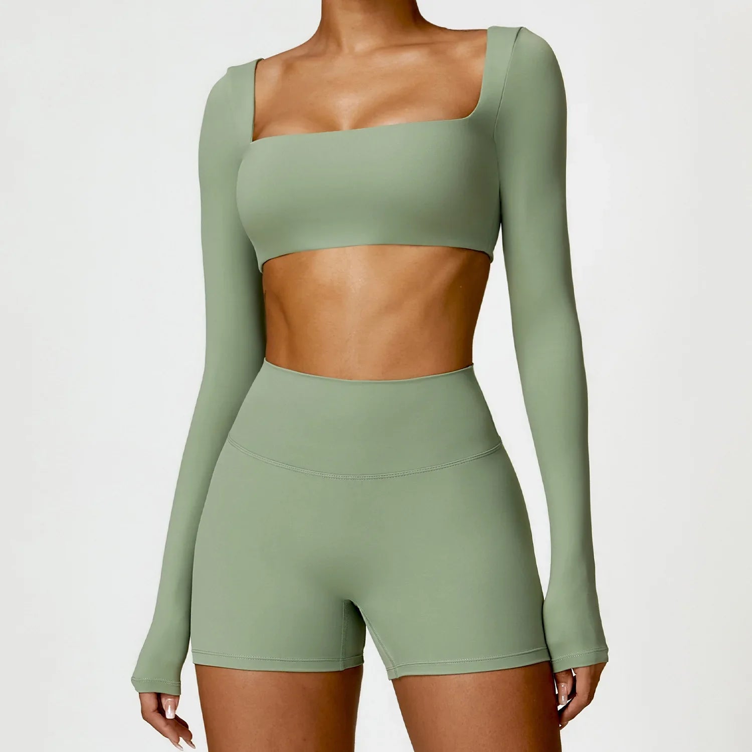Women Tracksuit Yoga Set 2PCS Sportswear Workout Clothes Athletic Wear Gym Legging Fitness Bra Crop Top Long Sleeve Sports Suits Green Set-3 CHINA
