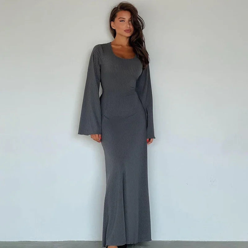 Tossy Scoop Neck Lace-Up Ribbed Maxi Dress Female Long Sleeve Fashion Slim Loose Bandage Dress Autumn 2024 Solid Women Dress New GRAY
