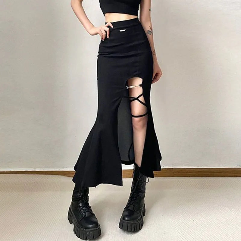 High Waist Women Mermaid Skirts American Style Designed Bandage Split Midi Skirt Y2K Fashion Streetwear Female Skirts Spring