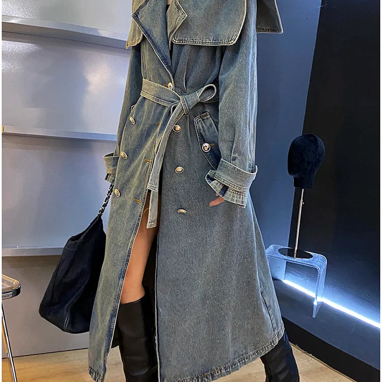 DEAT Fashion Women's Denim Jackets Loose Big Double Layer Collar Single Breasted Long Sleeve Sashes Coat Winter New 17A4709