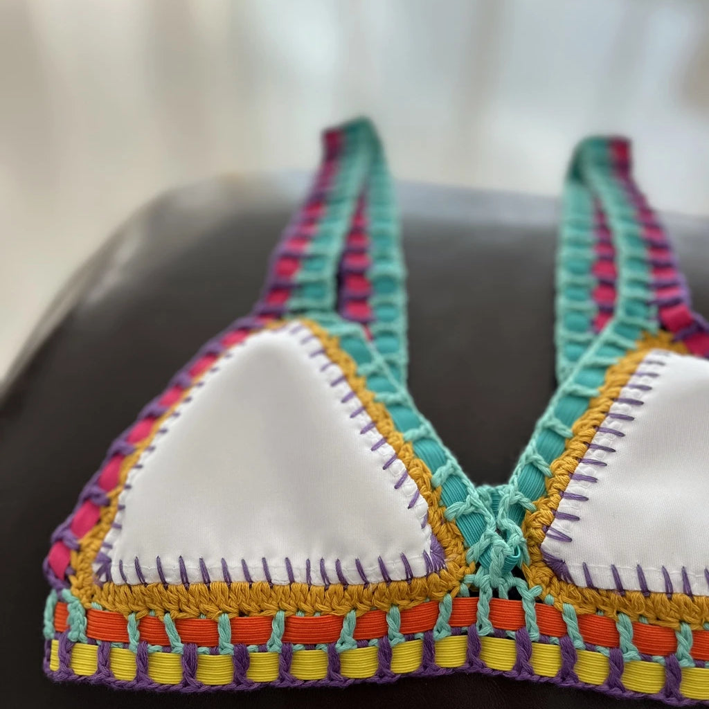Women White Mulit Handmade Crochet Bikini Set Sexy Boho Swimwear Brazil Reversible Crochet Swimsuit Cute Bathing Suit Beachwear
